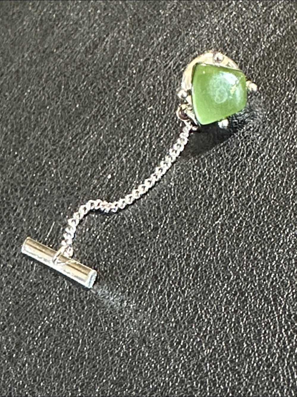 1960’s Sarah Coventry Green Moonglow Lucite Trapezoid Tie Tack Pin Chain Bar